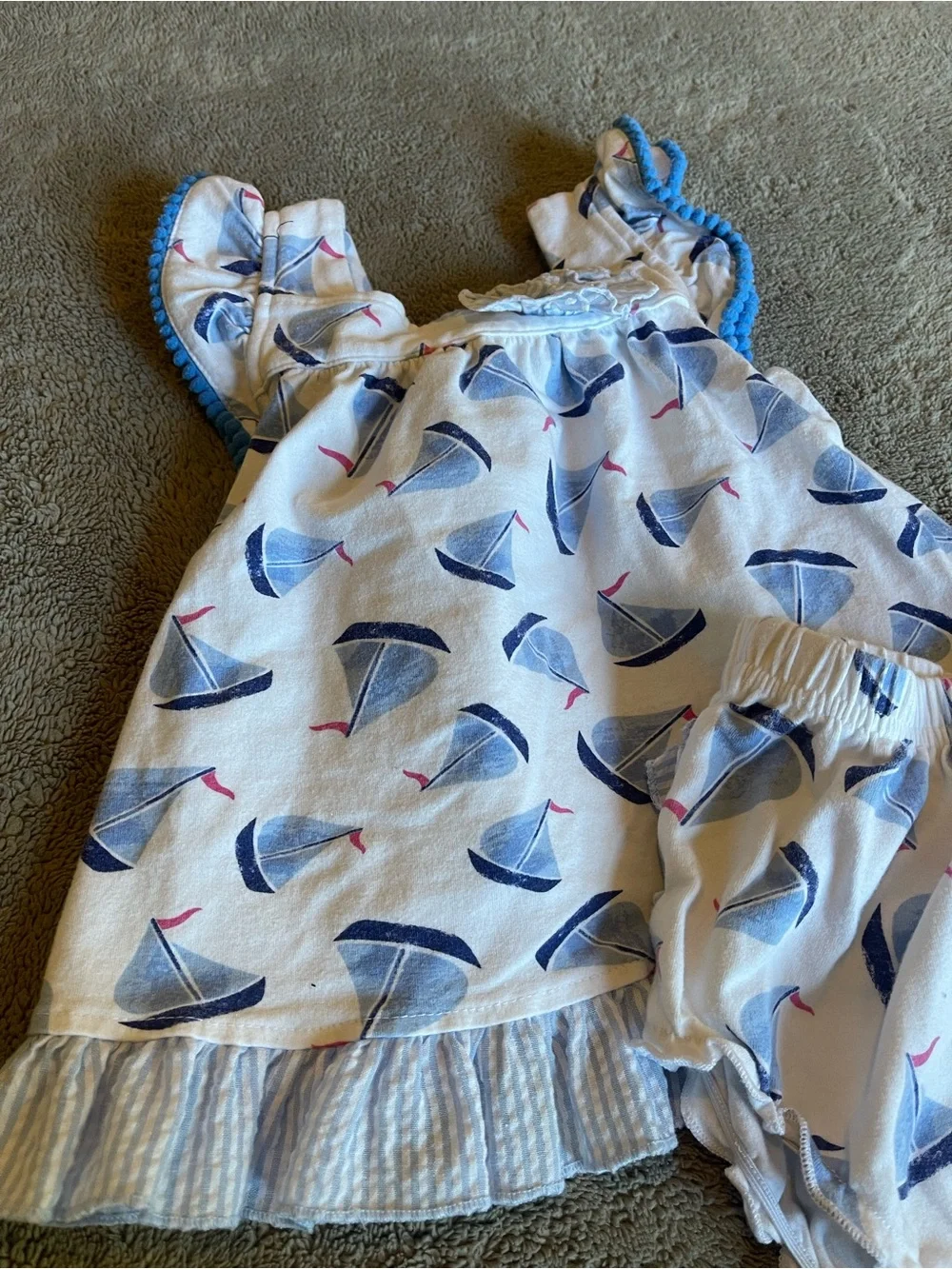 crown & ivy White Sailboat Dress with Blue Trim & Matching Bloomers